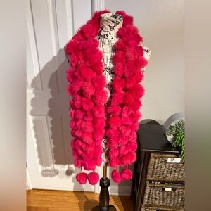 Pom-pom 100% rabbit fur cluster collar ball scarf vintage stole Hot Pink Vibrant